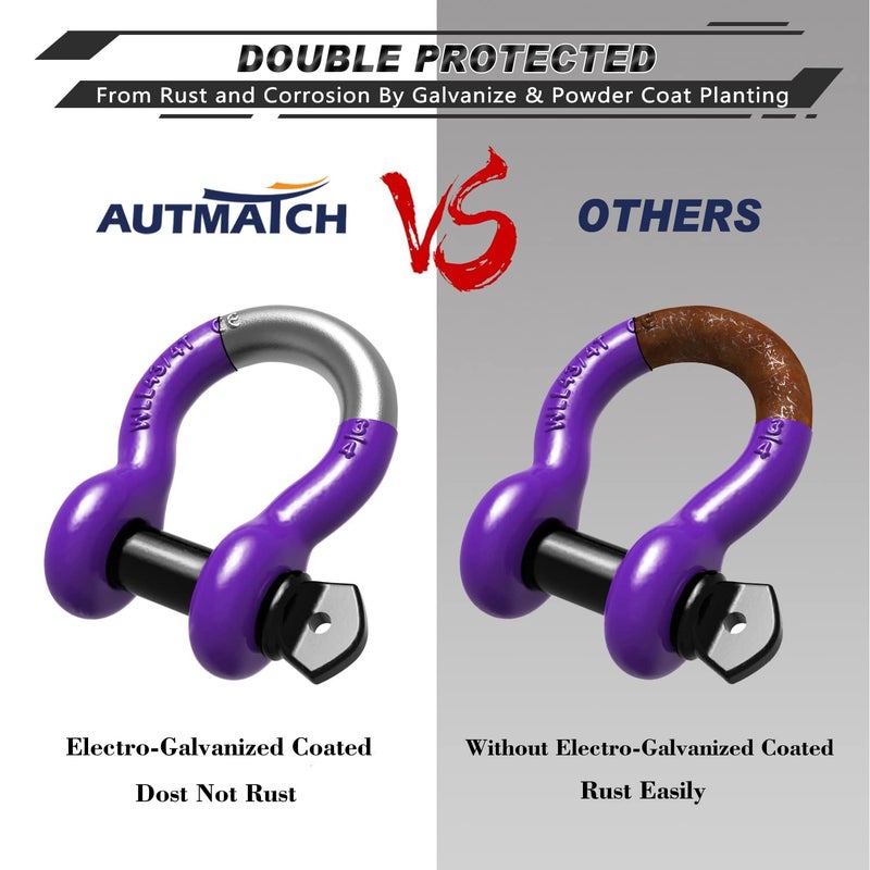 AUTMATCH D Ring تكبل 3/4 بوصة (عبوتان) - تكبل Clevis 41,887 رطل قوة كسر مع دبوس لولبي 7/8 بوصة ومجموعة غسالات عازلة لحزام السحب ونش استعادة المركبات على الطرق الوعرة، أرجواني - Image 5